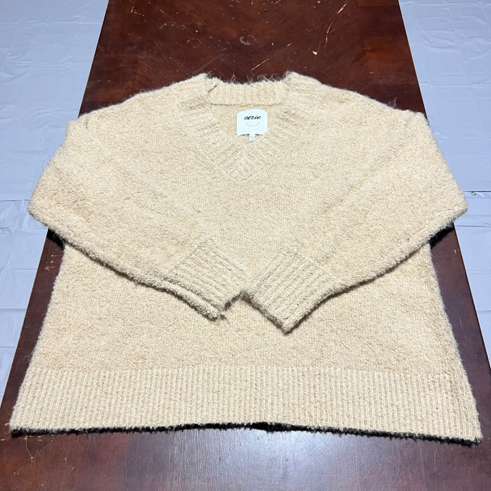 Aerie Womens V-Neck Boucle Knit Sweater Beige Oatmeal Fuzzy Relaxed Fit Large